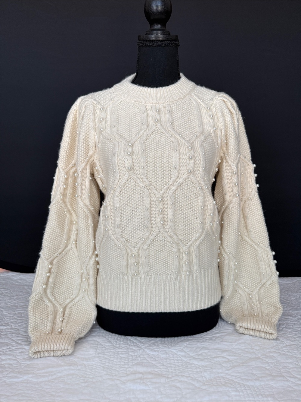 Marled Cream Pearl-Accent Cable Knit Crewneck Sweater